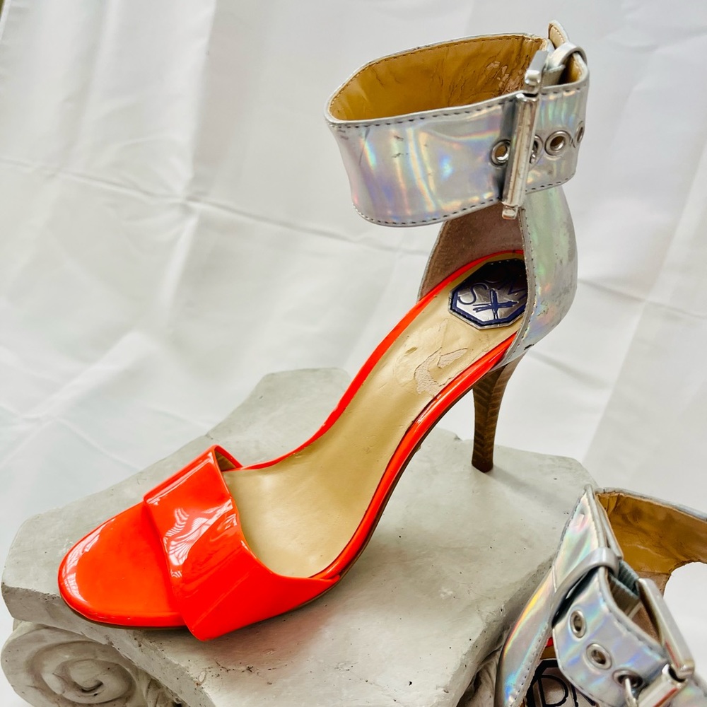 DJP Jez Neon Orange/Silver Disco Heels with Wide Iridescent Ankle Straps
